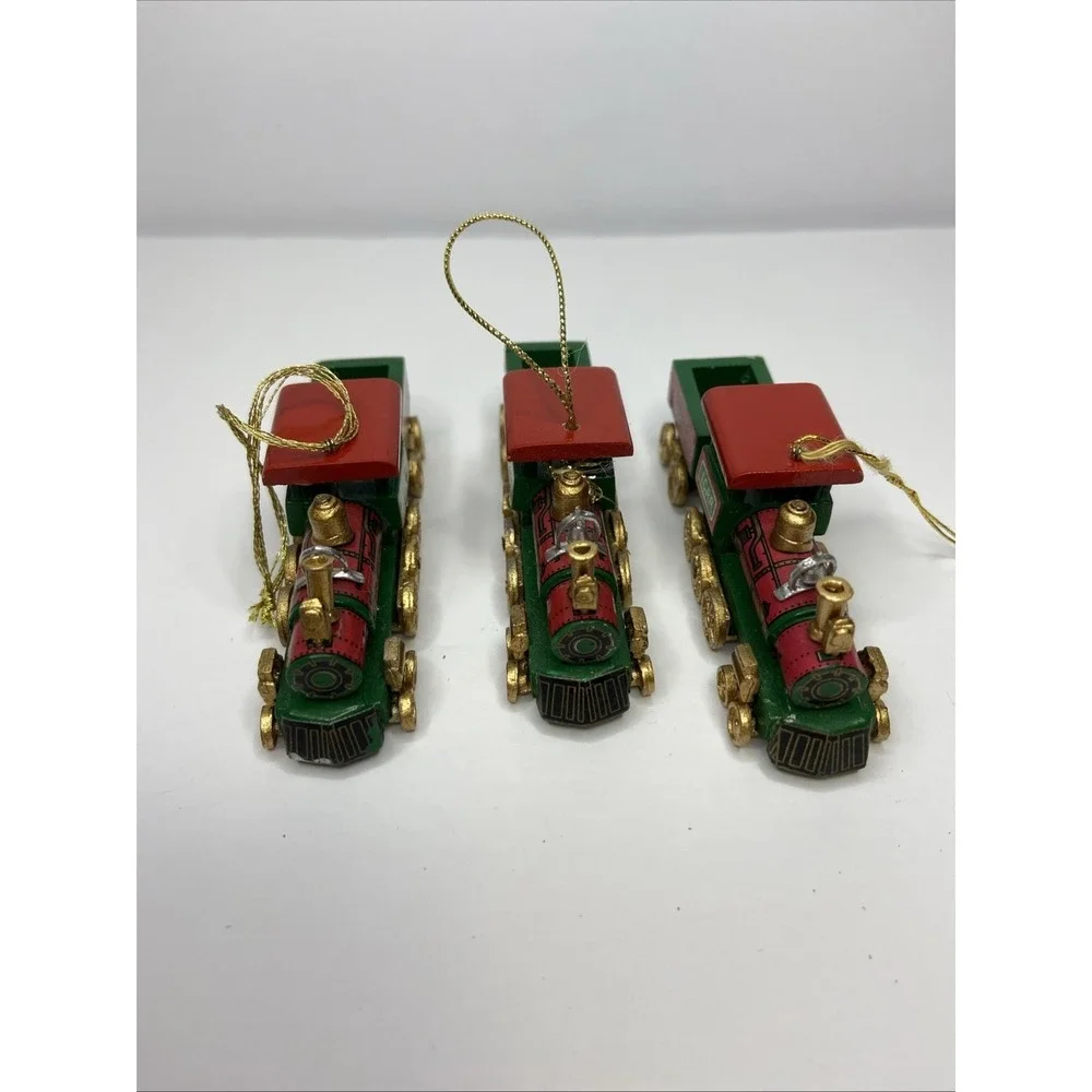 Vintage Wooden Train Christmas Ornaments Set of 3‎ ICRR 382 Steam Engine